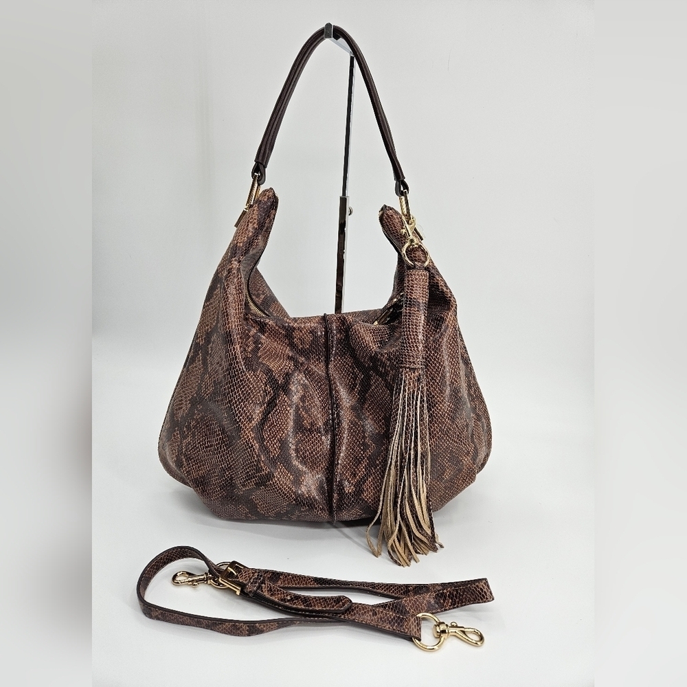 GILI Got To Love It Large LEATHER Emb SNAKE Choc Brown TASSEL Hobo Bag PURSE